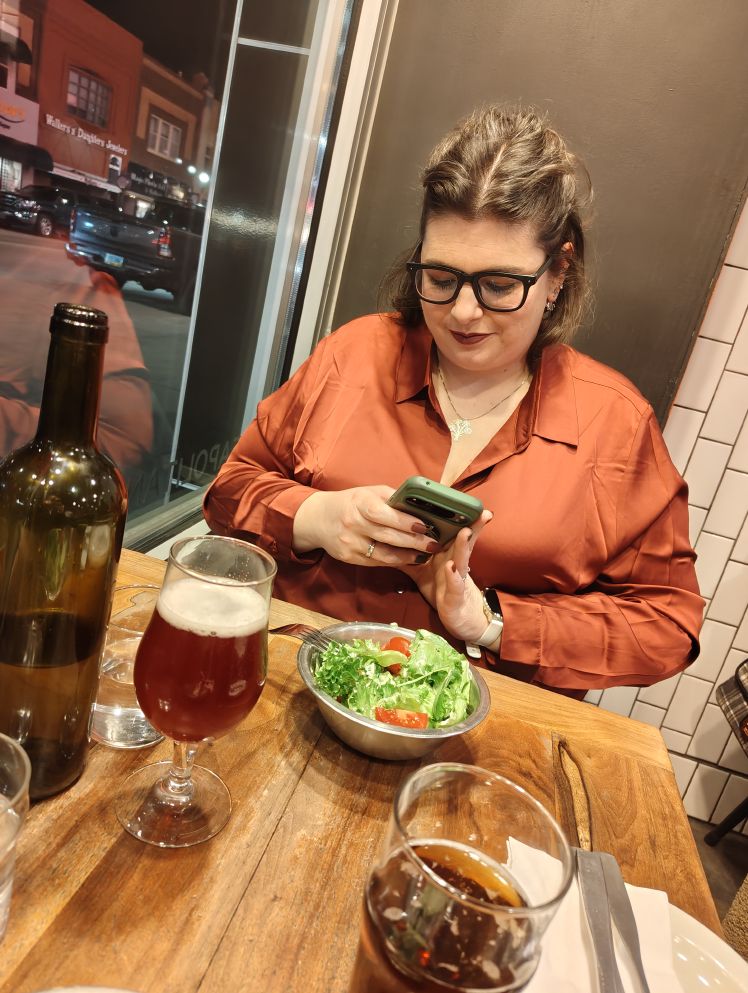 Amelia admiring the salad.